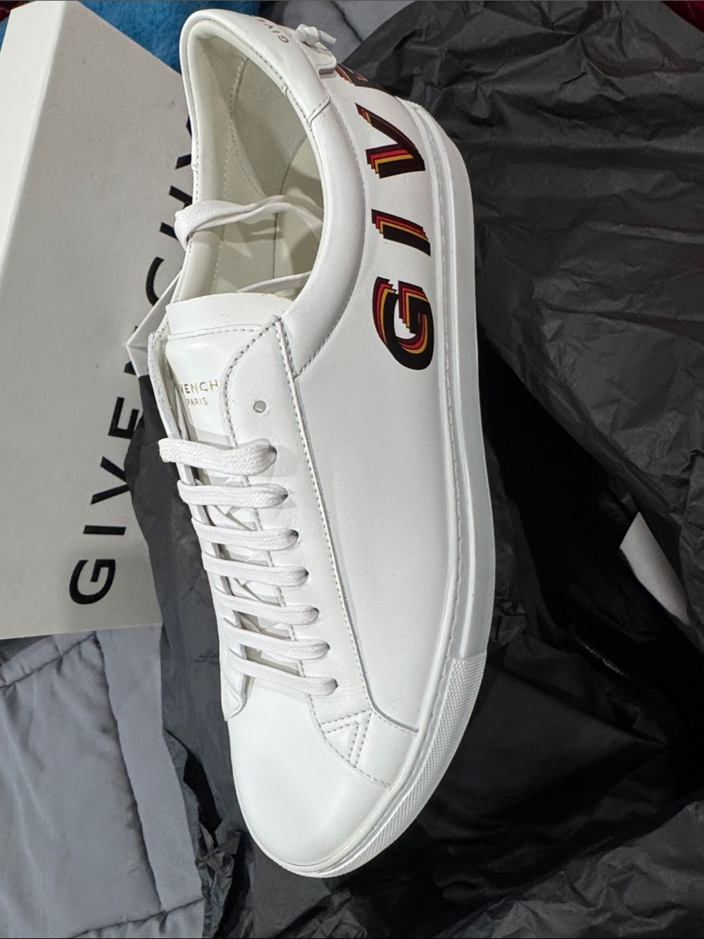 Givenchy White Leather Low-Top Sneakers with Red and Gold GIV Detail